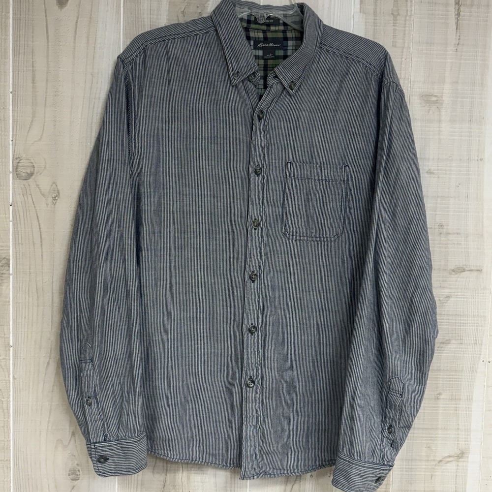 Eddie Bauer Mens L Striped Plaid Lined Long Sleeve Button Down Lined Classic